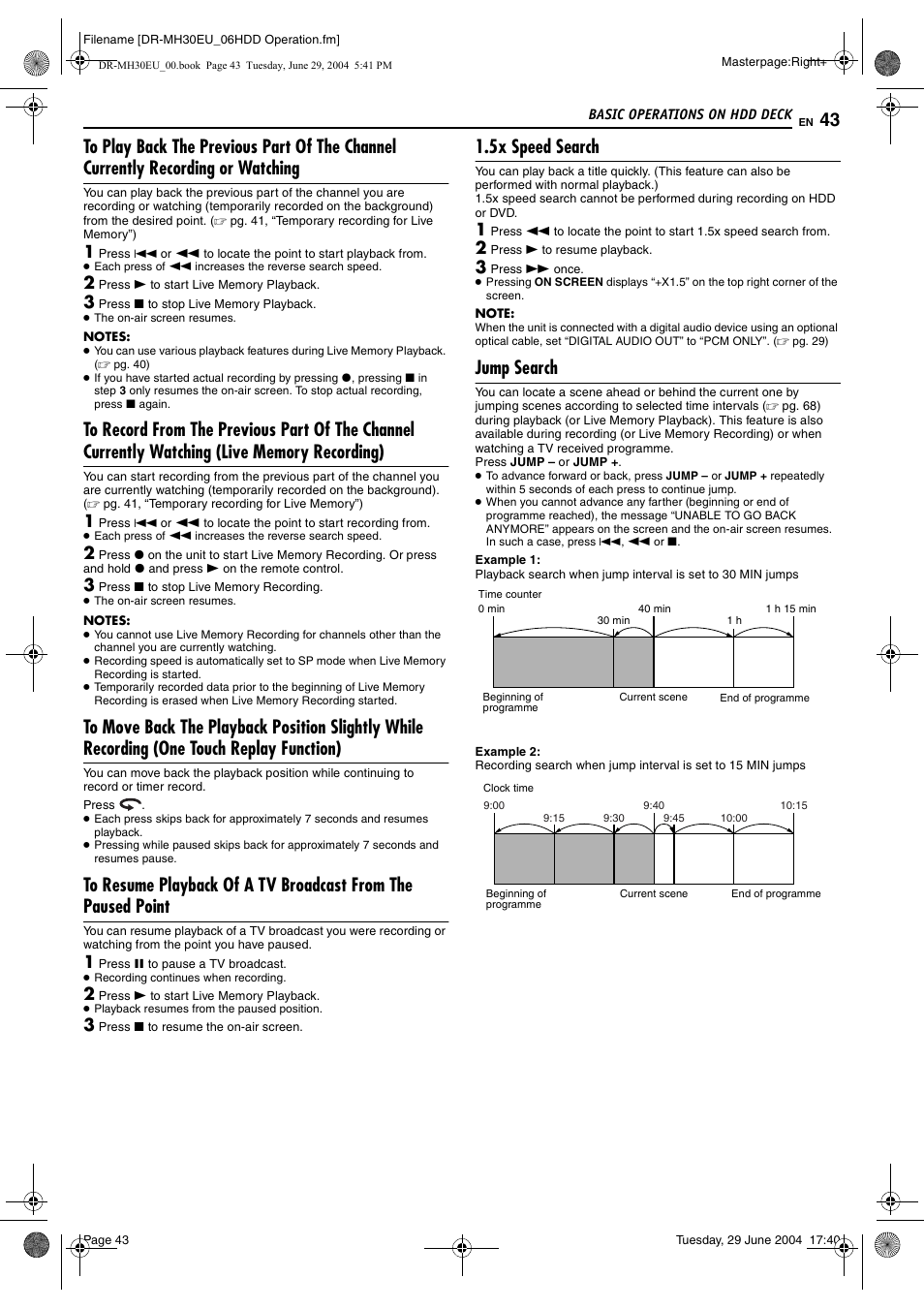 5x speed search, Jump search, Pg. 43 | Pg. 43), Pg. 43, “jump search”) | JVC LPT0923-001B User Manual | Page 43 / 88