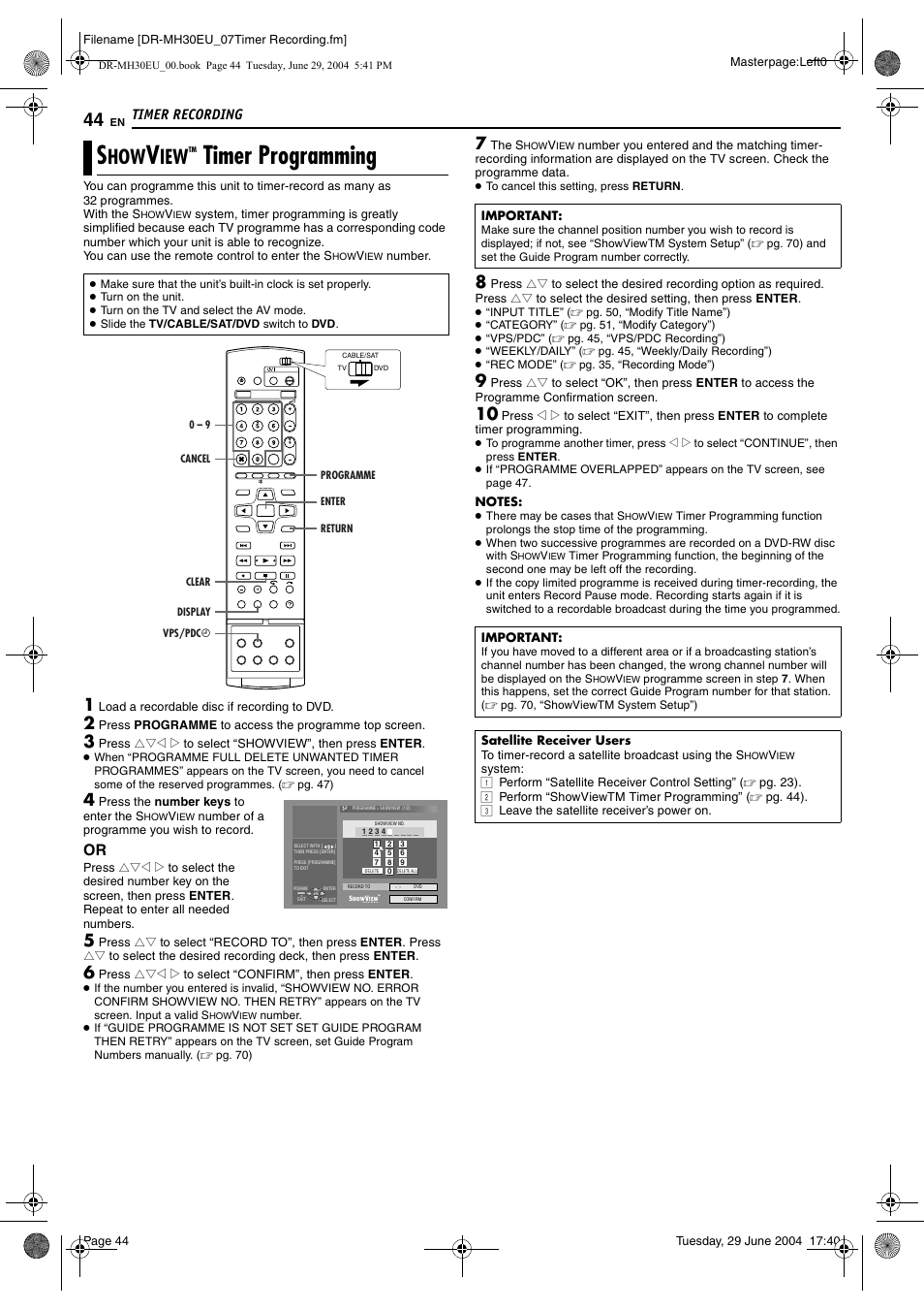 Timer recording, Showviewtm timer programming, Pg. 44 | Pg. 44, 46, Pg. 44), Showviewtm timer programming”), Pg. 44) or, Cording (੬ pg. 44, 46), Pg. 44, 4, Timer programming | JVC LPT0923-001B User Manual | Page 44 / 88