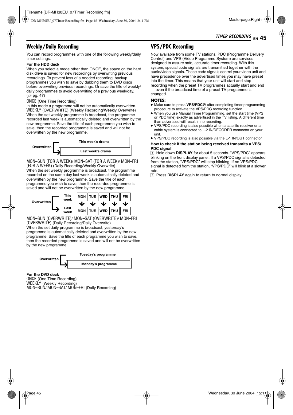 Weekly/daily recording, Vps/pdc recording, Pg. 45) | Pg. 45, Pg. 45, “vps/pdc recording”), Pg. 45, “weekly/daily recording”) | JVC LPT0923-001B User Manual | Page 45 / 88