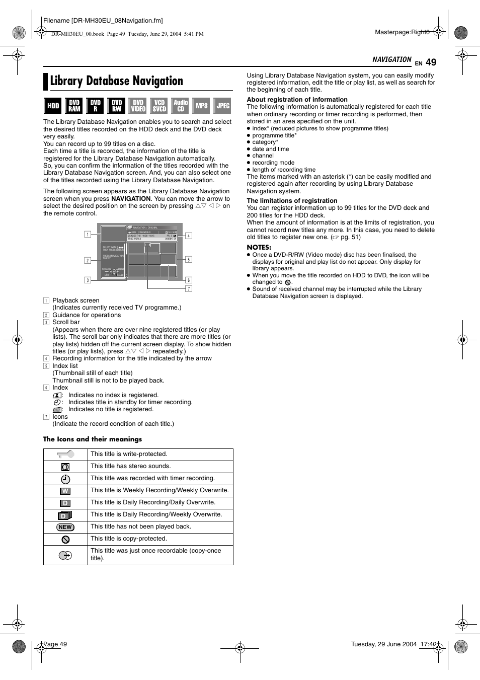 Navigation, Library database navigation, Navigation 49 | Pg. 49, Pg. 49) t, Pg. 49) | JVC LPT0923-001B User Manual | Page 49 / 88