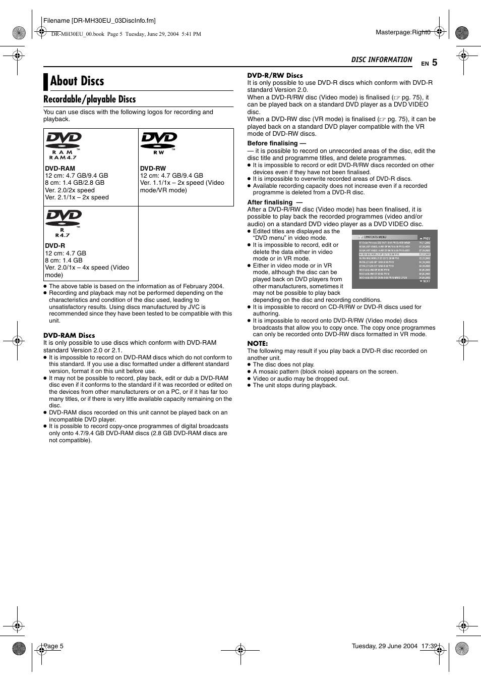 Disc information, About discs, Recordable/playable discs | JVC LPT0923-001B User Manual | Page 5 / 88