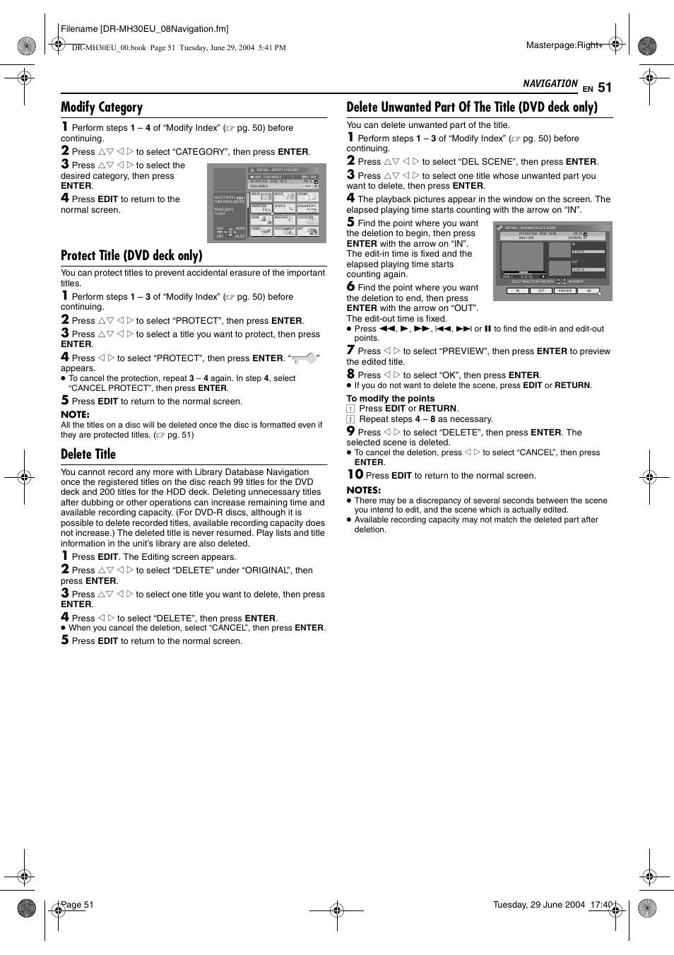 Modify category, Protect title (dvd deck only), Delete title | Delete unwanted part of the title (dvd deck only), Pg. 51, “modify category”), Navigation | JVC LPT0923-001B User Manual | Page 51 / 88