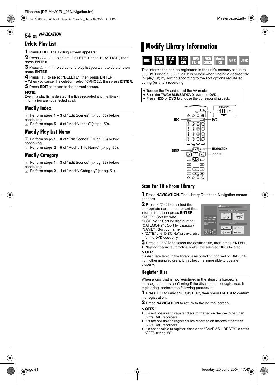 Delete play list, Modify index, Modify play list name | Modify category, Modify library information, Scan for title from library, Register disc, Navigation | JVC LPT0923-001B User Manual | Page 54 / 88