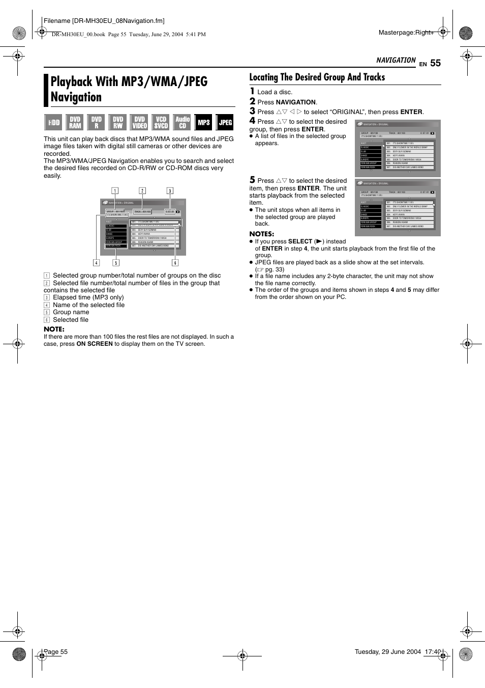 Playback with mp3/wma/jpeg navigation, Locating the desired group and tracks, Pg. 55) | Playback with mp3/wma/ jpeg navigation, Navigation, Masterpage:right, Filename [dr-mh30eu_08navigation.fm, Load a disc, Press navigation, A list of files in the selected group appears | JVC LPT0923-001B User Manual | Page 55 / 88