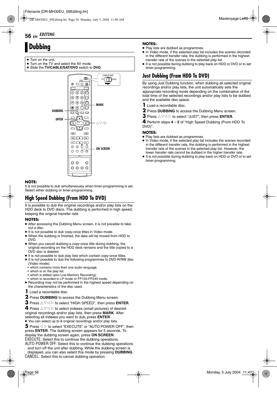 Editing, Dubbing, High speed dubbing (from hdd to dvd) | Just dubbing (from hdd to dvd), Editing 56, Pg. 56, Pg. 56) | JVC LPT0923-001B User Manual | Page 56 / 88