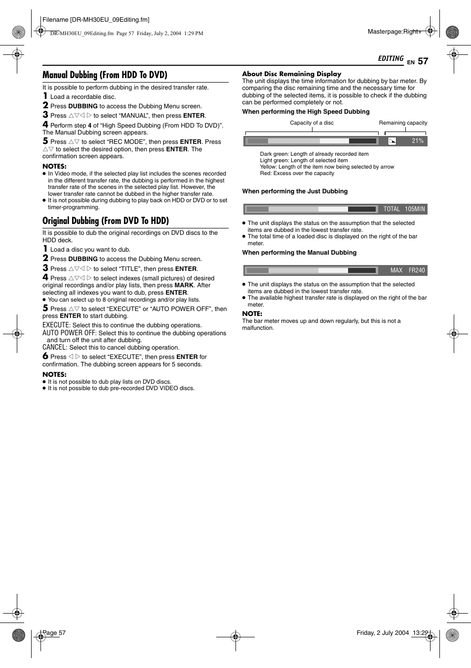 Manual dubbing (from hdd to dvd), Original dubbing (from dvd to hdd) | JVC LPT0923-001B User Manual | Page 57 / 88