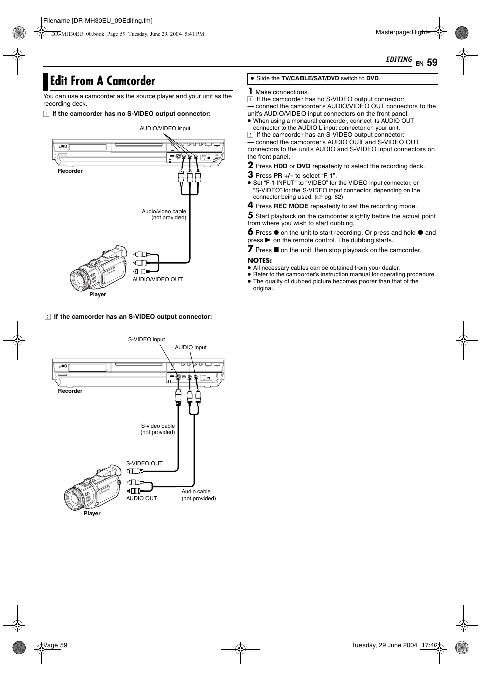 Edit from a camcorder, Pg. 59 | JVC LPT0923-001B User Manual | Page 59 / 88