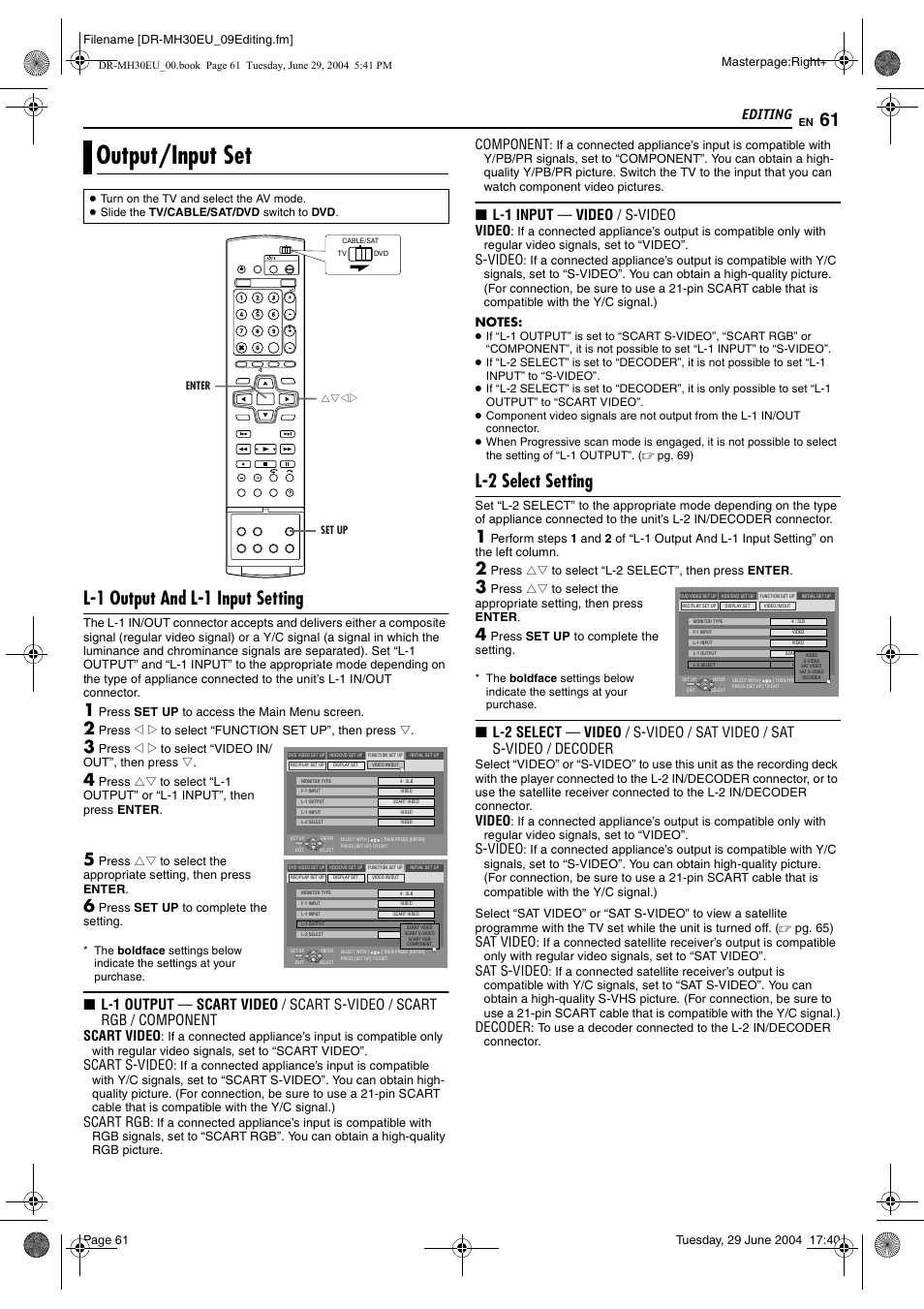 Output/input set, L-1 output and l-1 input setting, L-2 select setting | Pg. 61), Editing, 8 l-1 input — video / s-video, Scart video, Scart s-video, Scart rgb, Component | JVC LPT0923-001B User Manual | Page 61 / 88