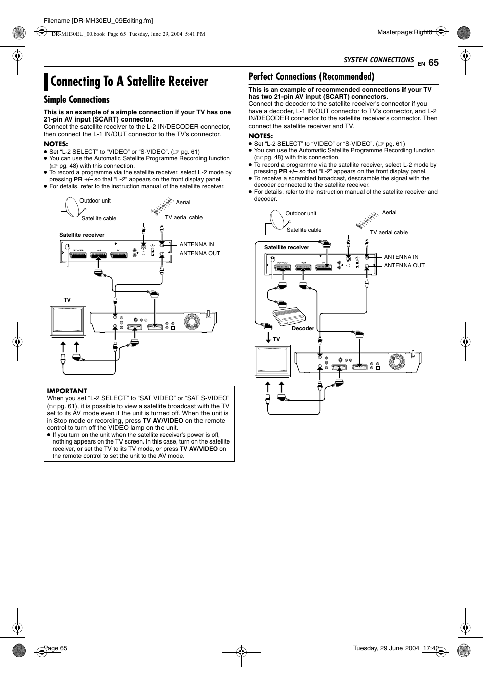 System connections, Connecting to a satellite receiver, Simple connections | Perfect connections (recommended), Important, Pg. 65) | JVC LPT0923-001B User Manual | Page 65 / 88