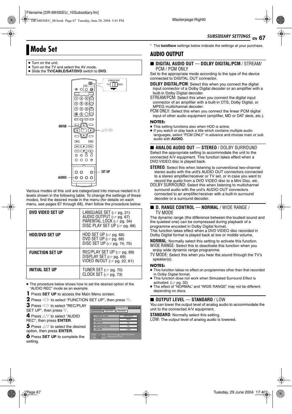 Subsidiary settings, Mode set, Pg. 67) | Audio output, 8 analog audio out — stereo / dolby surround, 8 d. range control — normal / wide range / tv mode, 8 output level — standard / low | JVC LPT0923-001B User Manual | Page 67 / 88