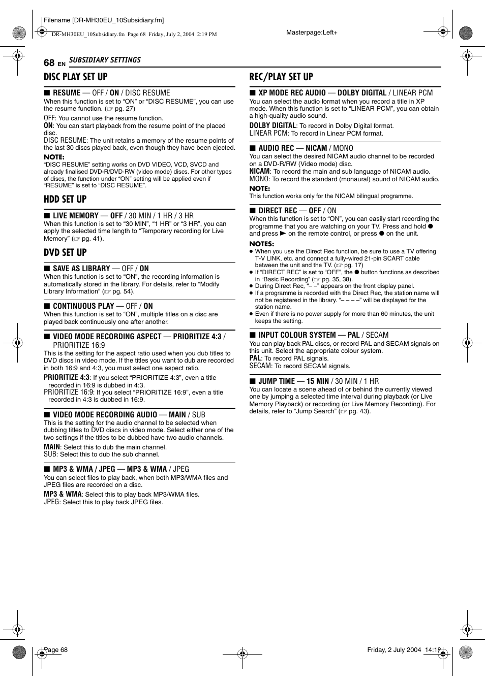 Pg. 68) f, Pg. 68), Disc play set up | Hdd set up, Dvd set up, Rec/play set up | JVC LPT0923-001B User Manual | Page 68 / 88