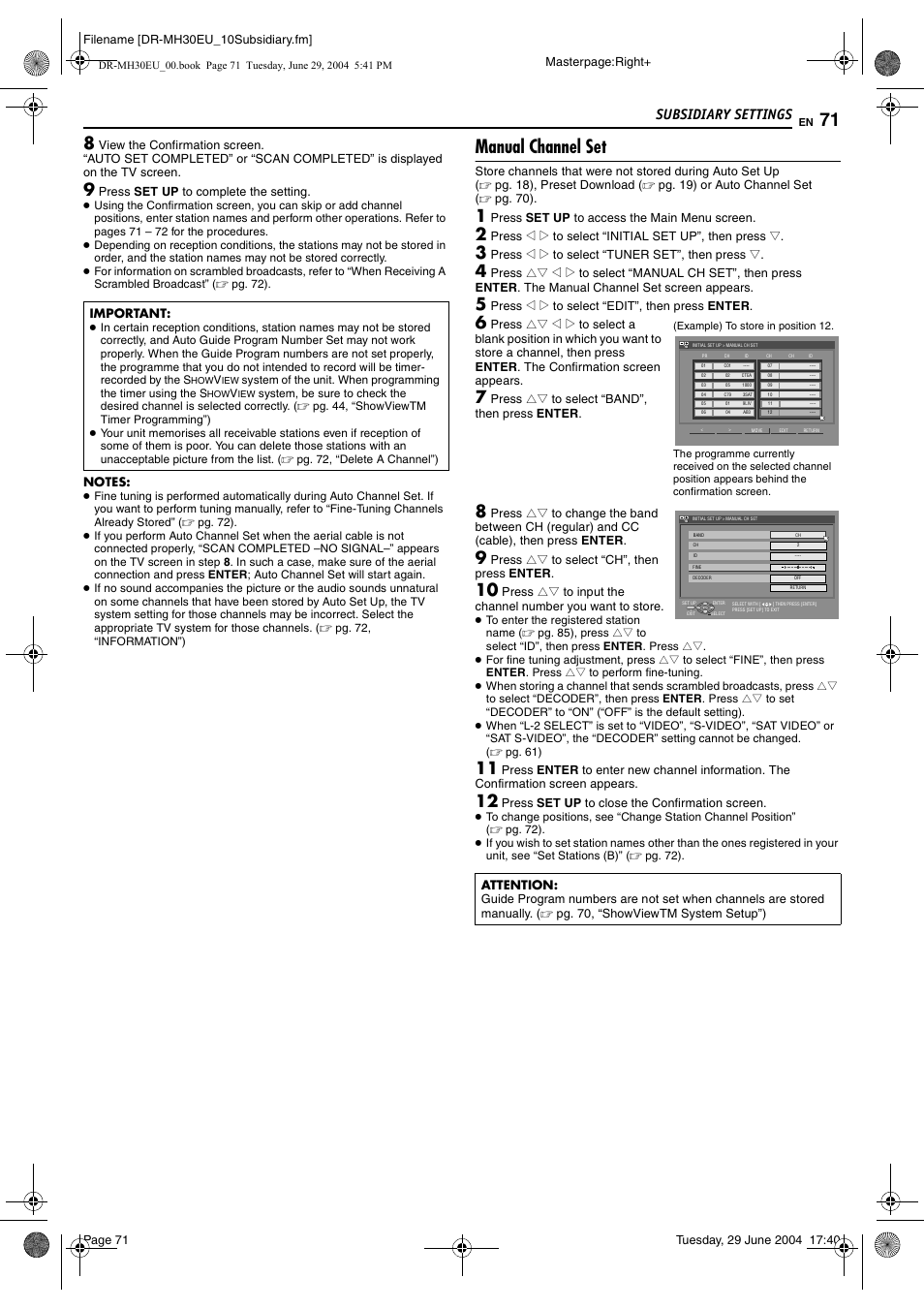 Manual channel set, Subsidiary settings | JVC LPT0923-001B User Manual | Page 71 / 88