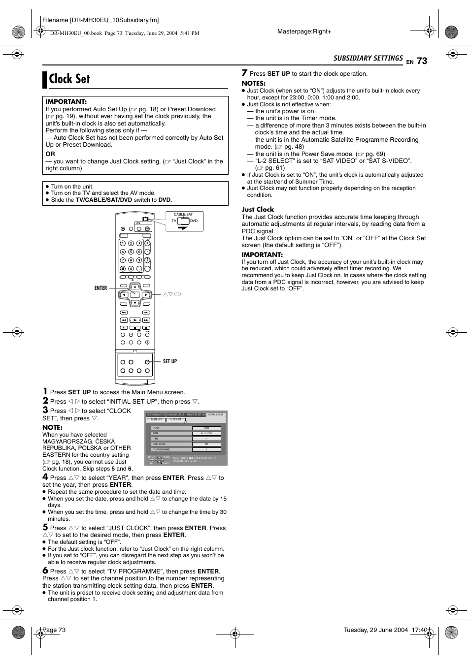 Clock set, Pg. 73), Clock set” on | Pg. 73) do, Subsidiary settings | JVC LPT0923-001B User Manual | Page 73 / 88