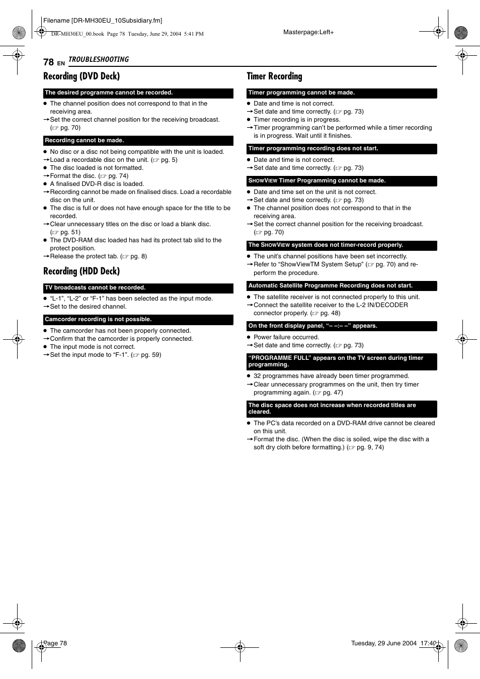 Recording (dvd deck), Recording (hdd deck), Timer recording | JVC LPT0923-001B User Manual | Page 78 / 88