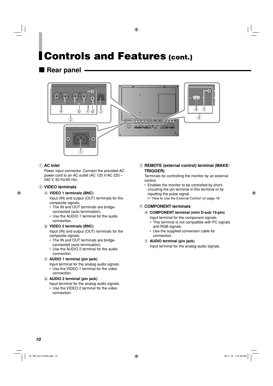 Rear panel, Controls and features, Cont.) | JVC TM-15L1D User Manual | Page 10 / 22