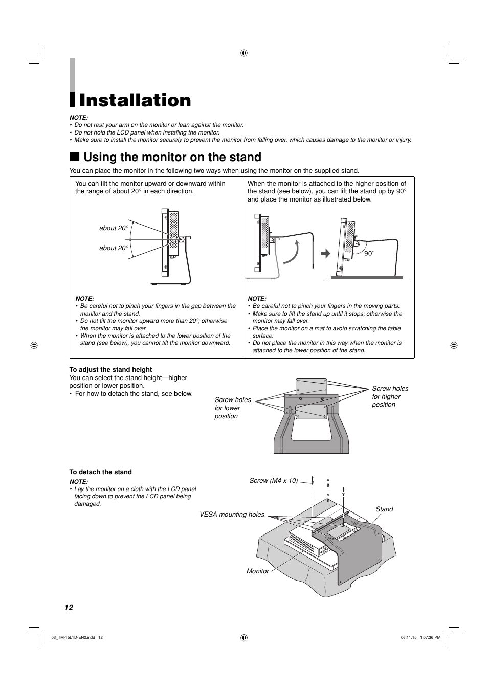 Installation, Using the monitor on the stand | JVC TM-15L1D User Manual | Page 12 / 22