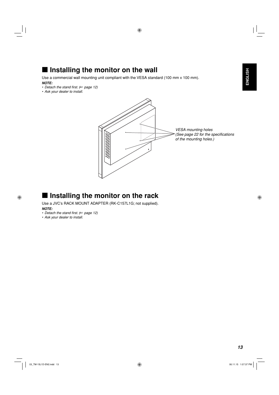 Installing the monitor on the wall, Installing the monitor on the rack | JVC TM-15L1D User Manual | Page 13 / 22