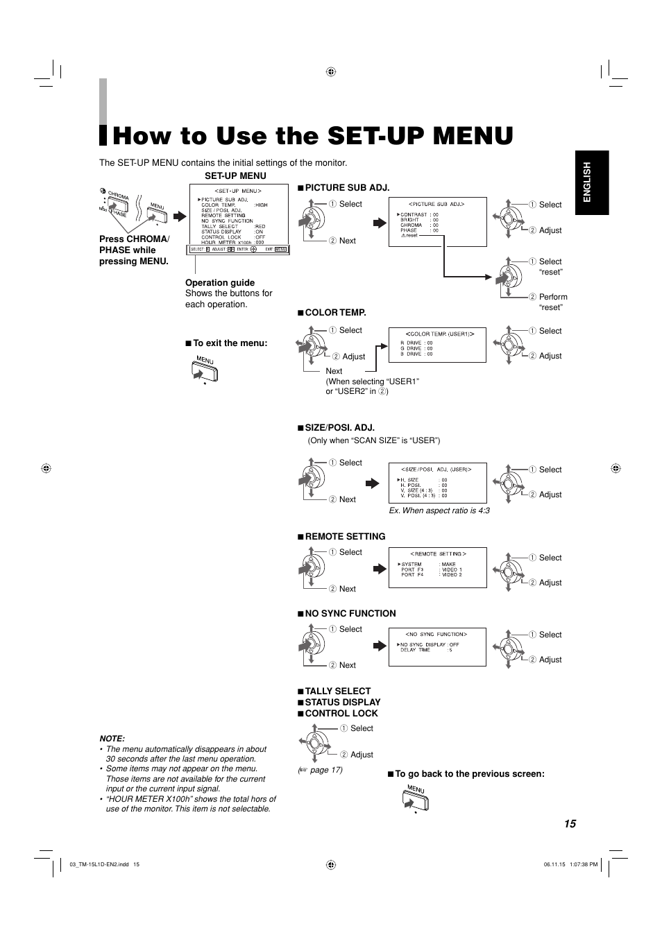 How to use the set-up menu | JVC TM-15L1D User Manual | Page 15 / 22