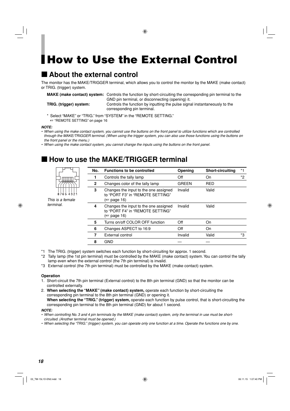 How to use the external control, About the external control, How to use the make/trigger terminal | JVC TM-15L1D User Manual | Page 18 / 22