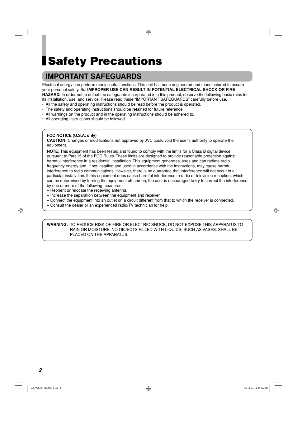 Safety precautions, Important safeguards | JVC TM-15L1D User Manual | Page 2 / 22