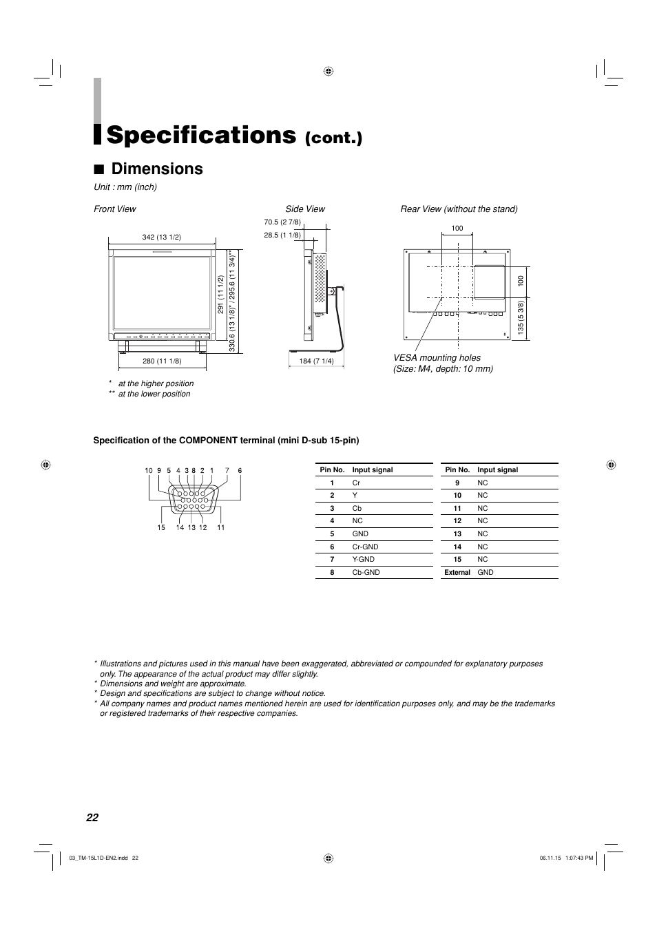 Specifications, Cont.) 7 dimensions | JVC TM-15L1D User Manual | Page 22 / 22