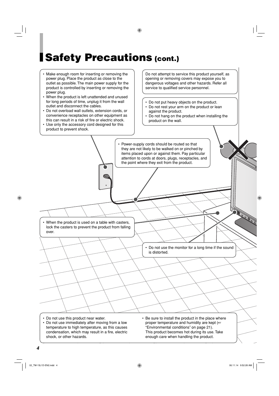 Safety precautions, Cont.) | JVC TM-15L1D User Manual | Page 4 / 22