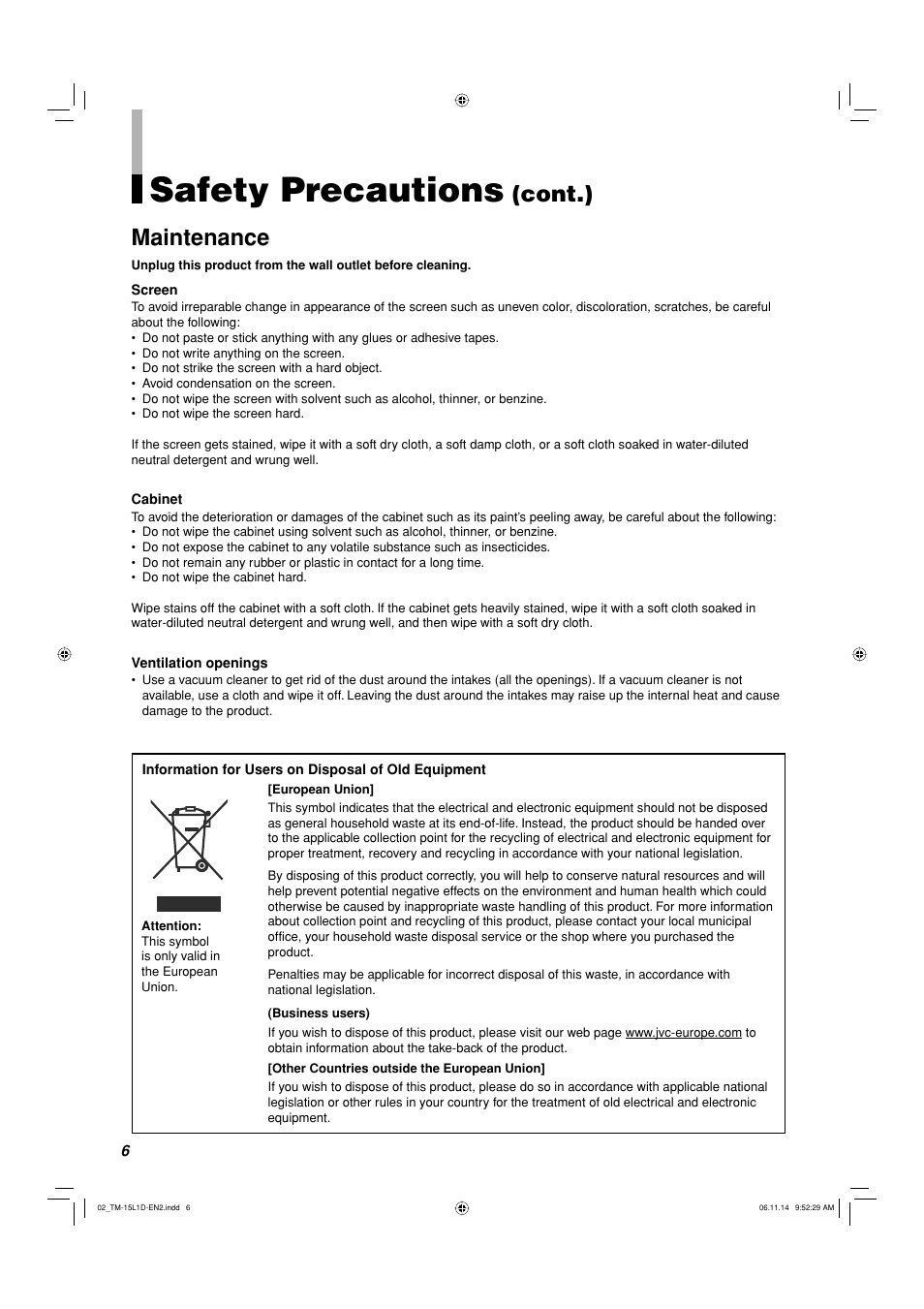 Safety precautions, Cont.) maintenance | JVC TM-15L1D User Manual | Page 6 / 22