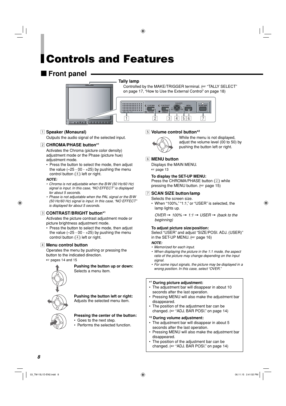 Controls and features, Front panel | JVC TM-15L1D User Manual | Page 8 / 22