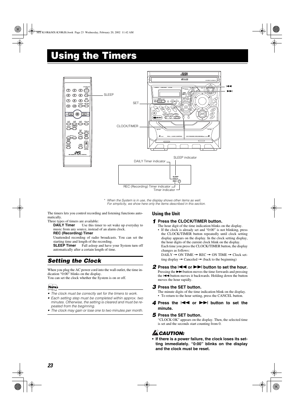 Using the timers, Setting the clock, Using the unit | Caution, Preset tuning, Demo, Standby clock /timer tape a / b, Press the clock/timer button, Press the, Button to set the hour | JVC CA-MXK30R User Manual | Page 26 / 38