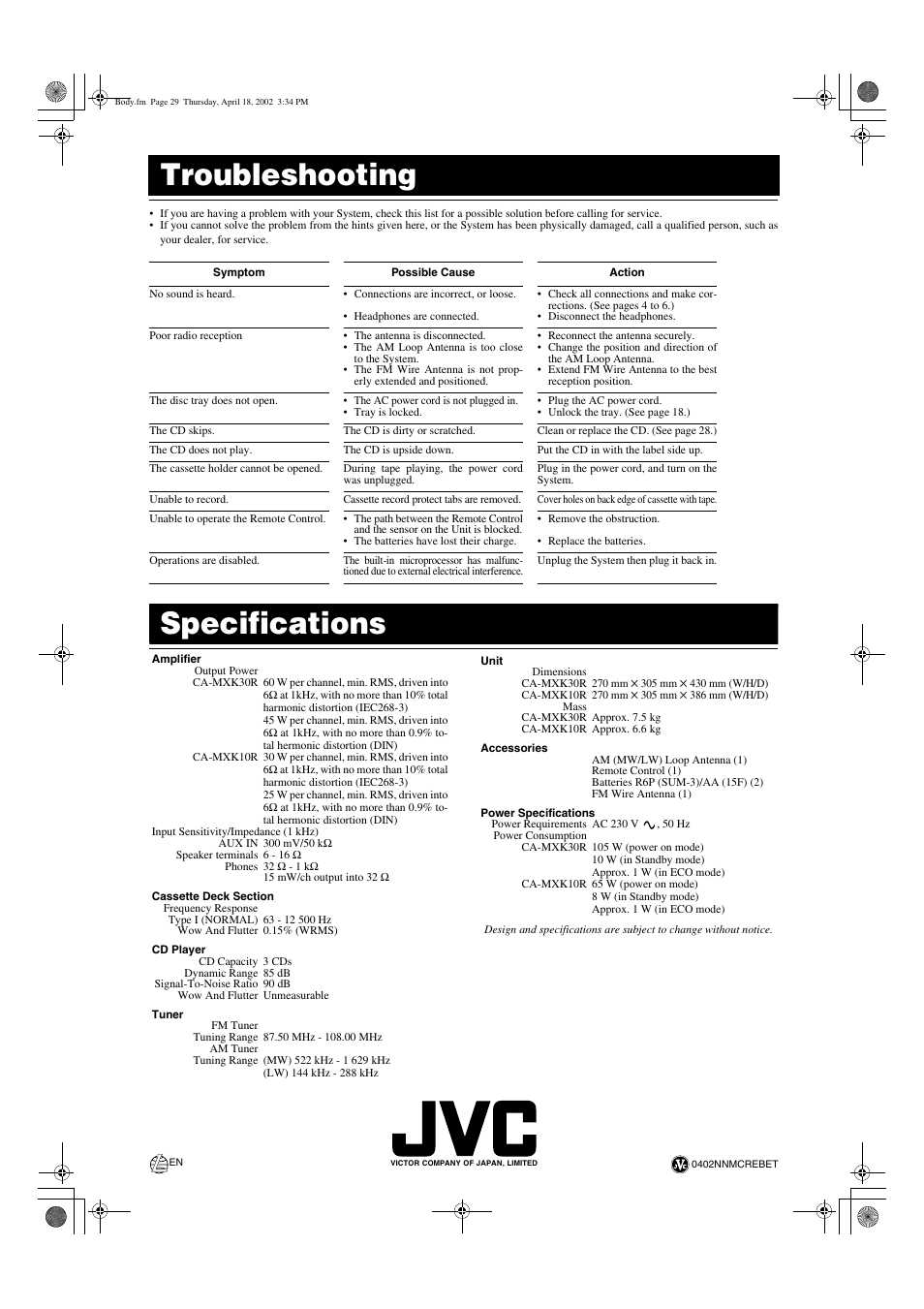 Troubleshooting, Specifications, Back cover | JVC CA-MXK30R User Manual | Page 32 / 38