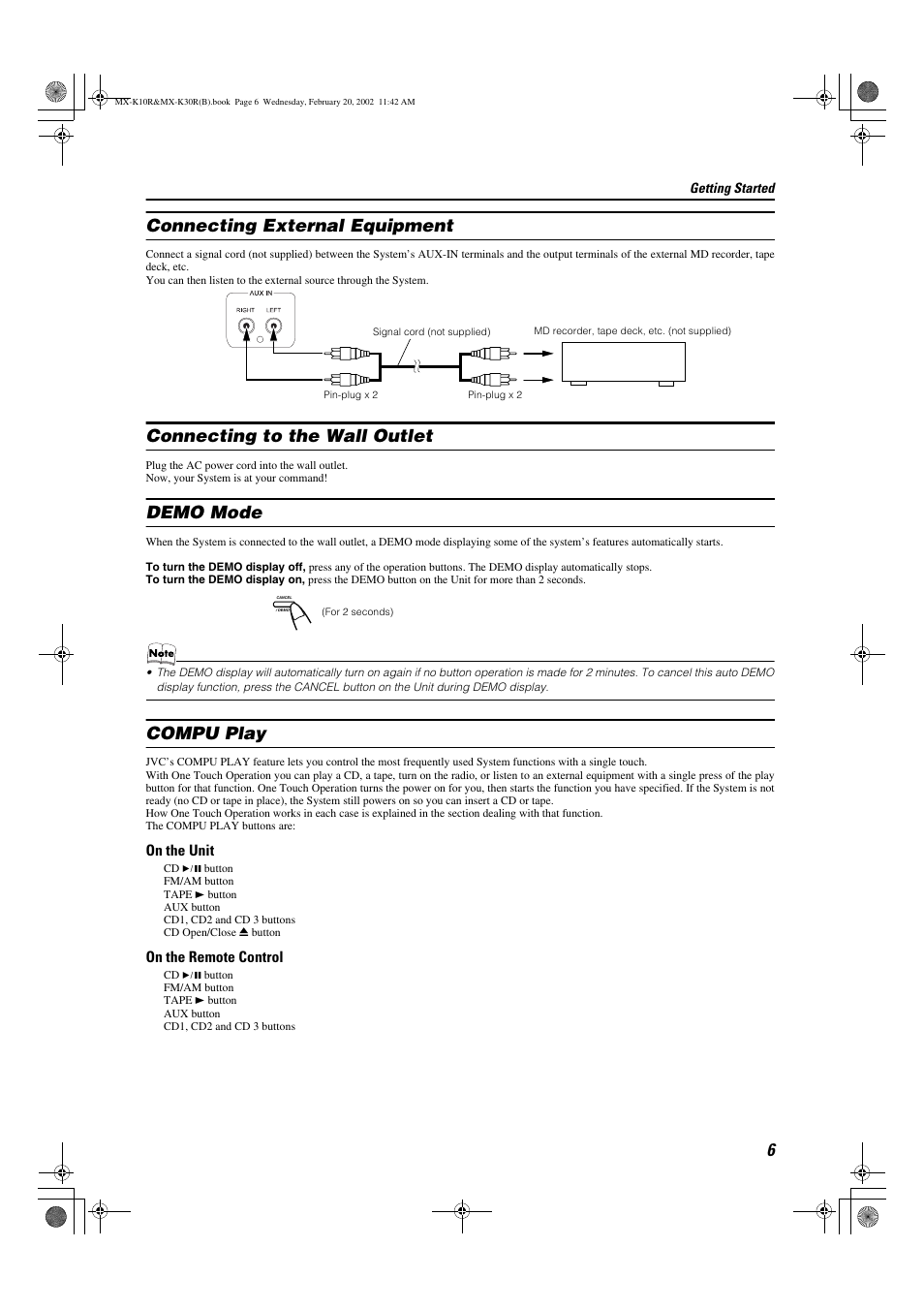 Connecting external equipment, Connecting to the wall outlet, Demo mode | Compu play | JVC CA-MXK30R User Manual | Page 9 / 38