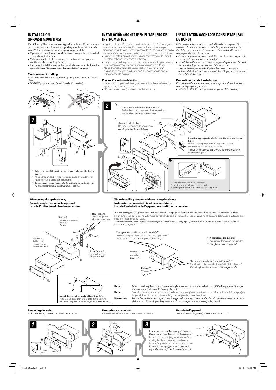 Installation (in-dash mounting), Installation (montage dans le tableau de bord) | JVC KD-AVX40 User Manual | Page 2 / 6