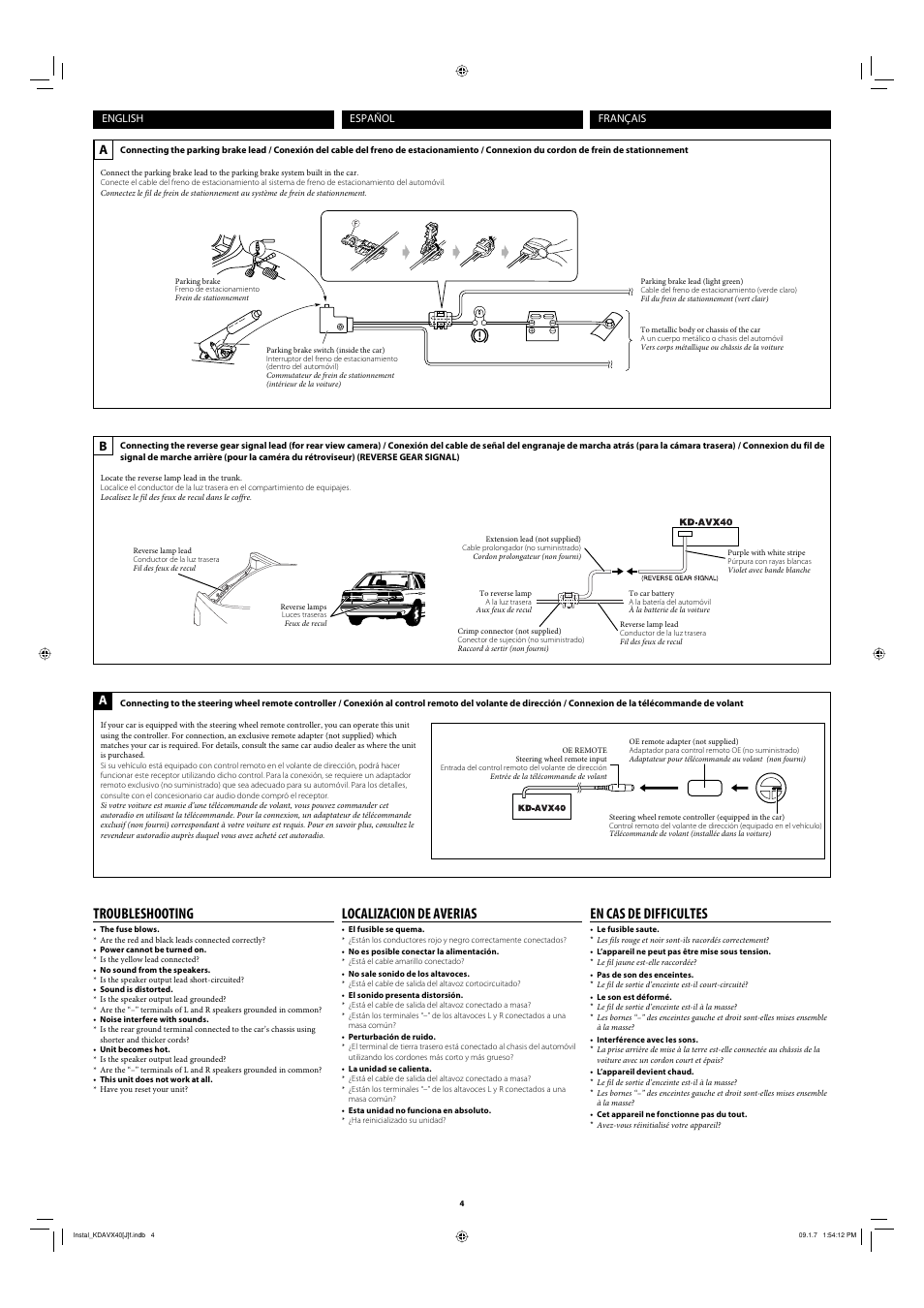Troubleshooting, En cas de difficultes, Localizacion de averias | JVC KD-AVX40 User Manual | Page 4 / 6