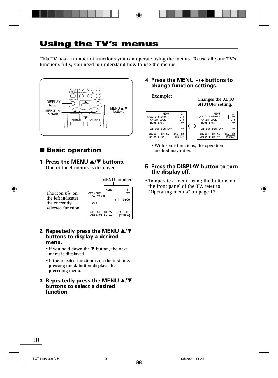 Using the tv’s menus, Basic operation, 1 press the menu t buttons | 5 press the display button to turn the display off | JVC AV-14AMG3 User Manual | Page 10 / 20