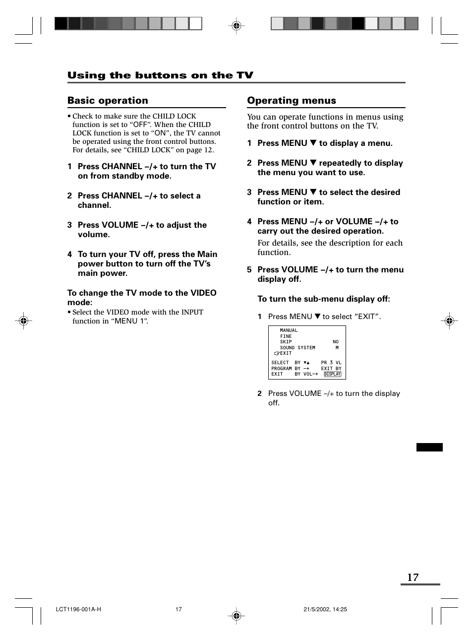 Basic operation, Operating menus | JVC AV-14AMG3 User Manual | Page 17 / 20