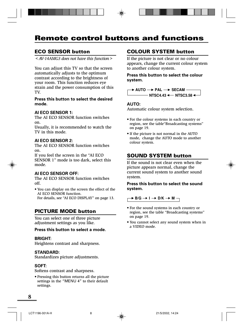 Remote control buttons and functions | JVC AV-14AMG3 User Manual | Page 8 / 20