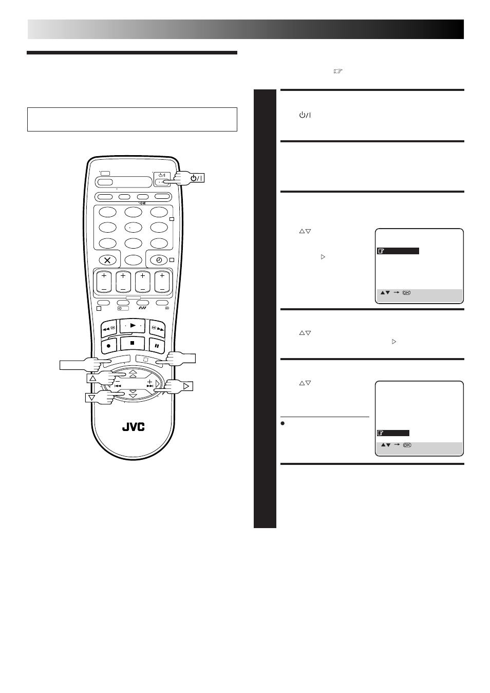 Language, Turn on the recorder, Access main menu | Access country set screen, Select country, Select language, Return to normal screen, Initial settings (cont.) | JVC HR-J468EU EN User Manual | Page 8 / 52