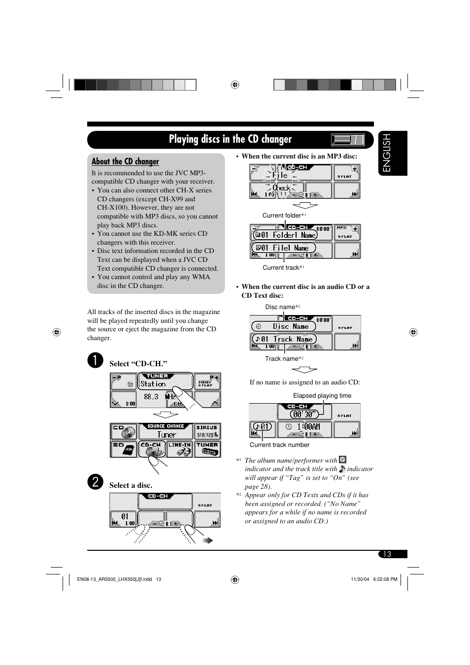 Playing discs in the cd changer, English | JVC KD-AR5500  eu User Manual | Page 13 / 54