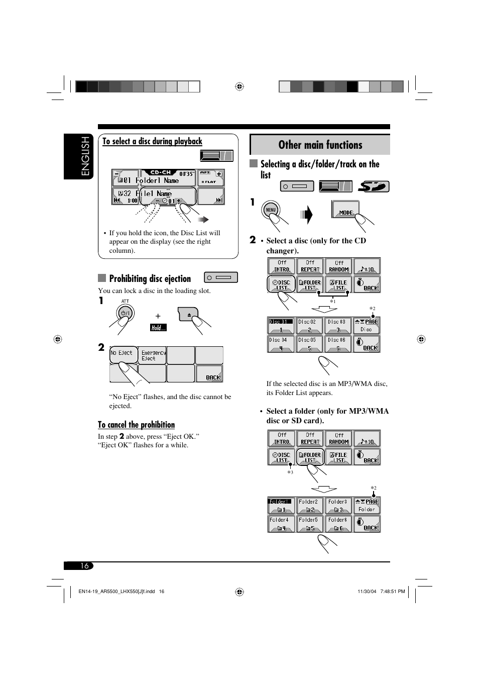 Other main functions, English, Selecting a disc/folder/track on the list 1 | Prohibiting disc ejection | JVC KD-AR5500  eu User Manual | Page 16 / 54