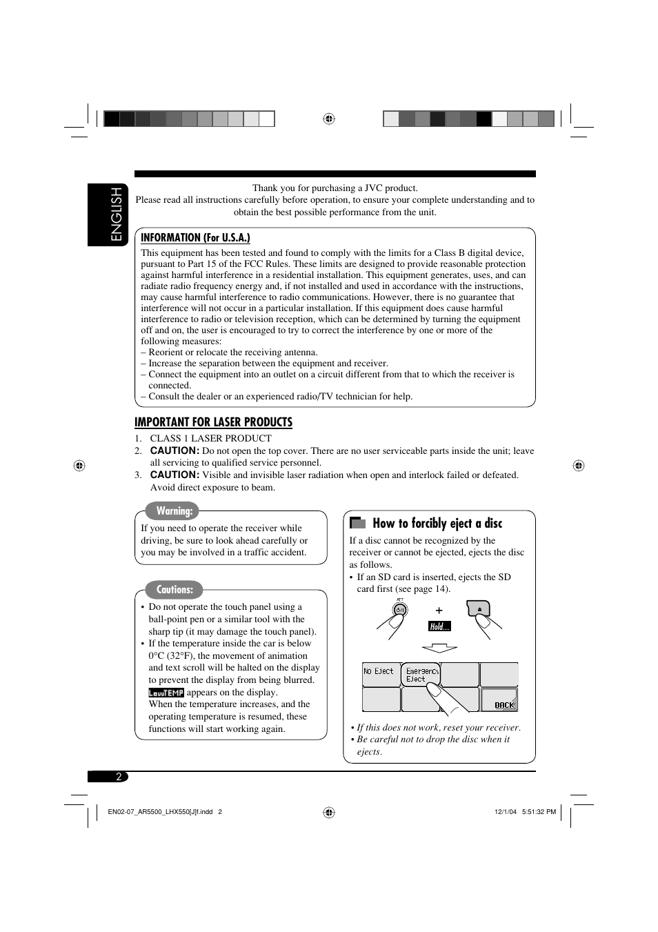 Information (for u.s.a.), Important for laser products, English | How to forcibly eject a disc | JVC KD-AR5500  eu User Manual | Page 2 / 54