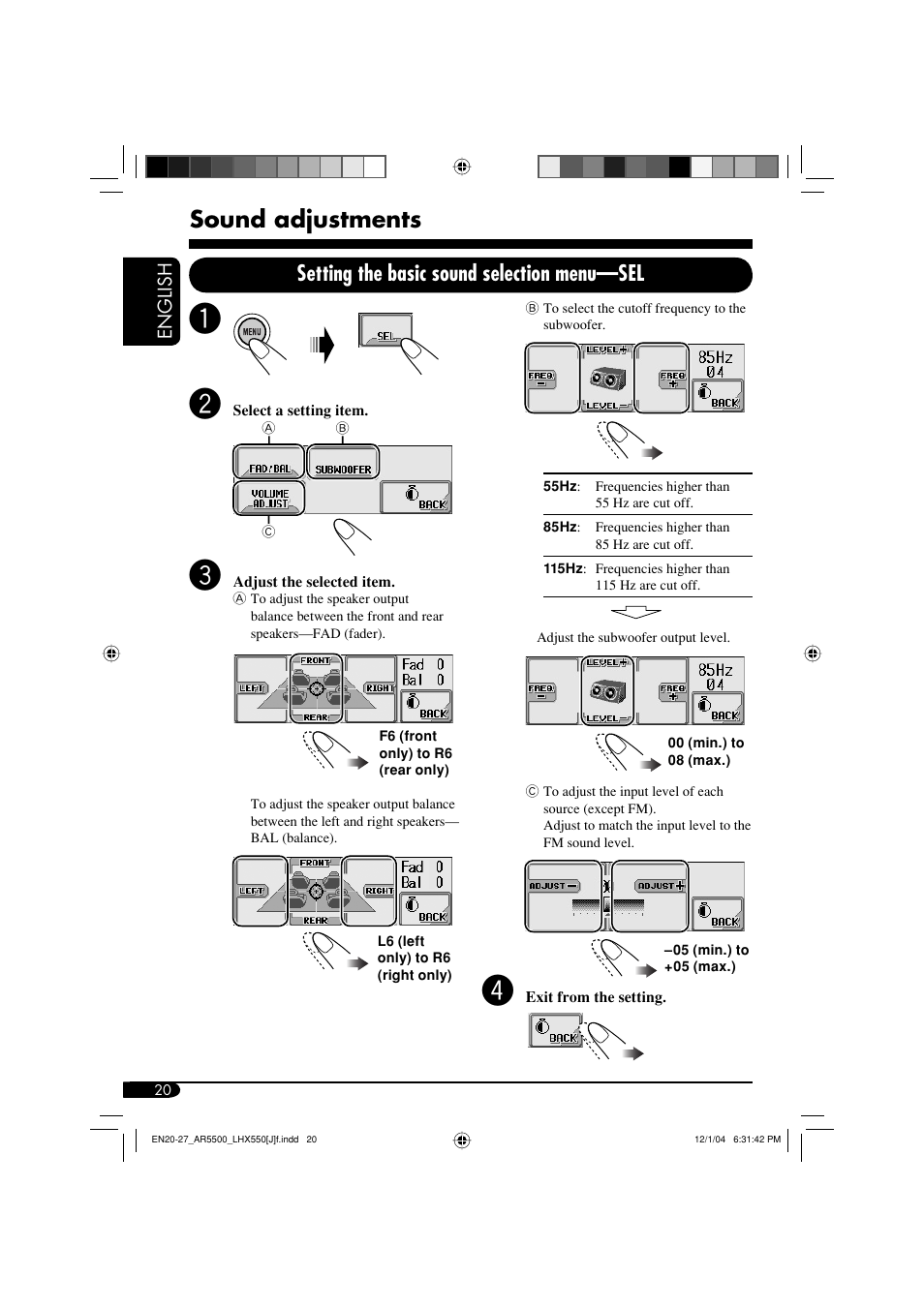 Sound adjustments, Setting the basic sound selection menu—sel | JVC KD-AR5500  eu User Manual | Page 20 / 54