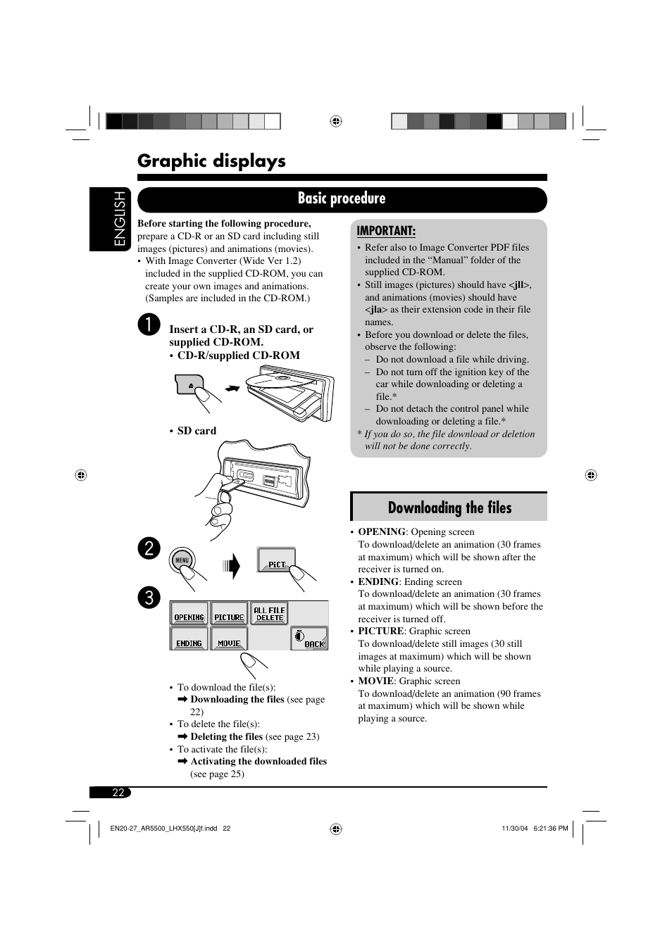 Graphic displays, Downloading the fi les, Basic procedure | JVC KD-AR5500  eu User Manual | Page 22 / 54