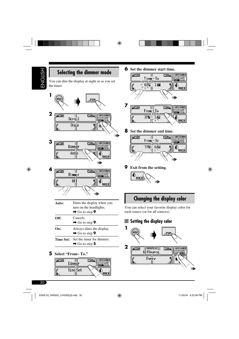 Changing the display color, Selecting the dimmer mode | JVC KD-AR5500  eu User Manual | Page 30 / 54