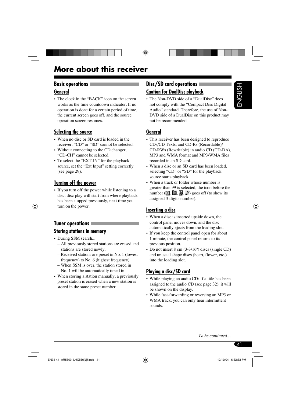 More about this receiver, English, Basic operations | Tuner operations, Disc/sd card operations | JVC KD-AR5500  eu User Manual | Page 41 / 54