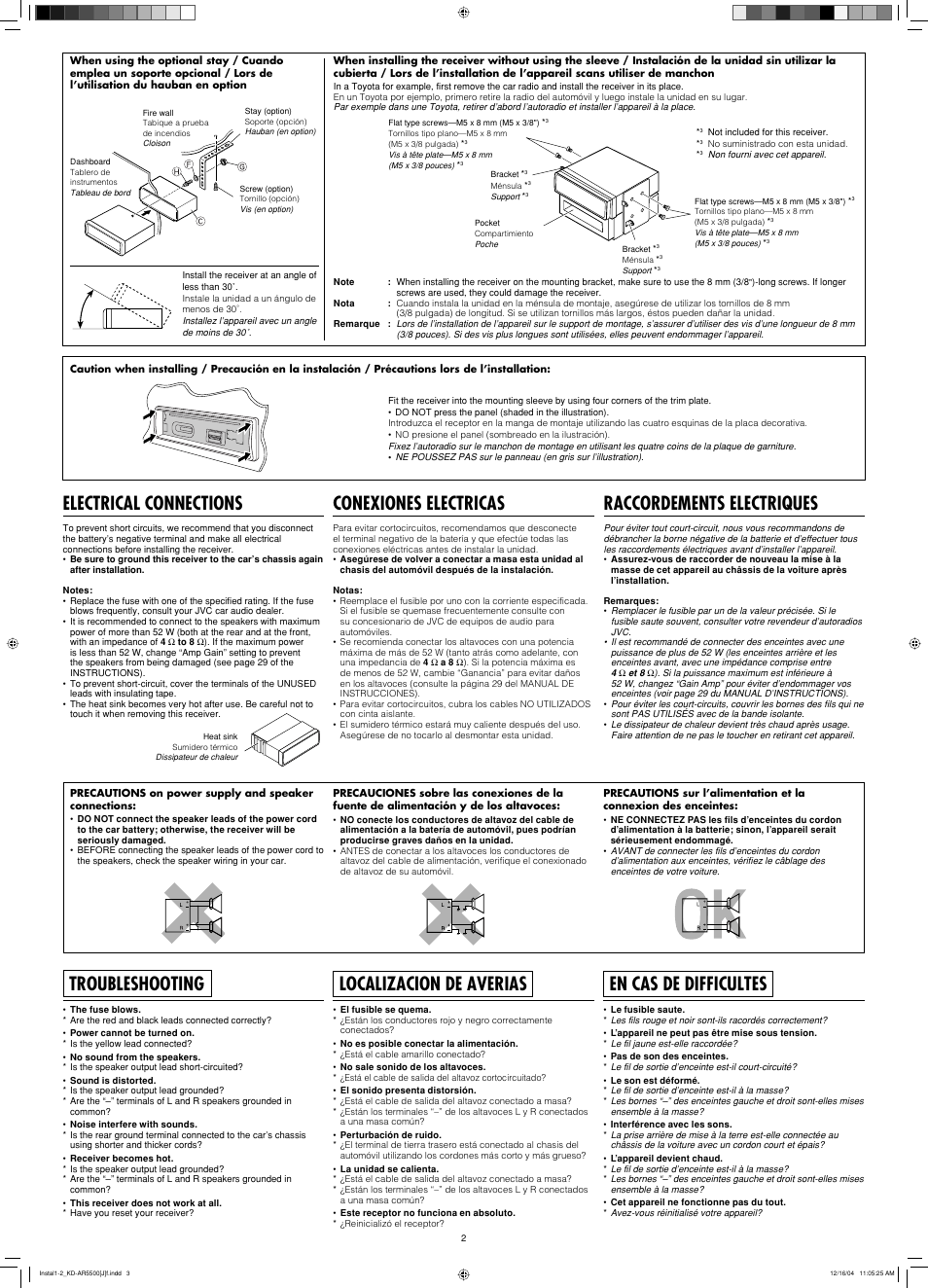 Electrical connections, Troubleshooting, Conexiones electricas | Localizacion de averias, Raccordements electriques, En cas de difficultes | JVC KD-AR5500  eu User Manual | Page 52 / 54