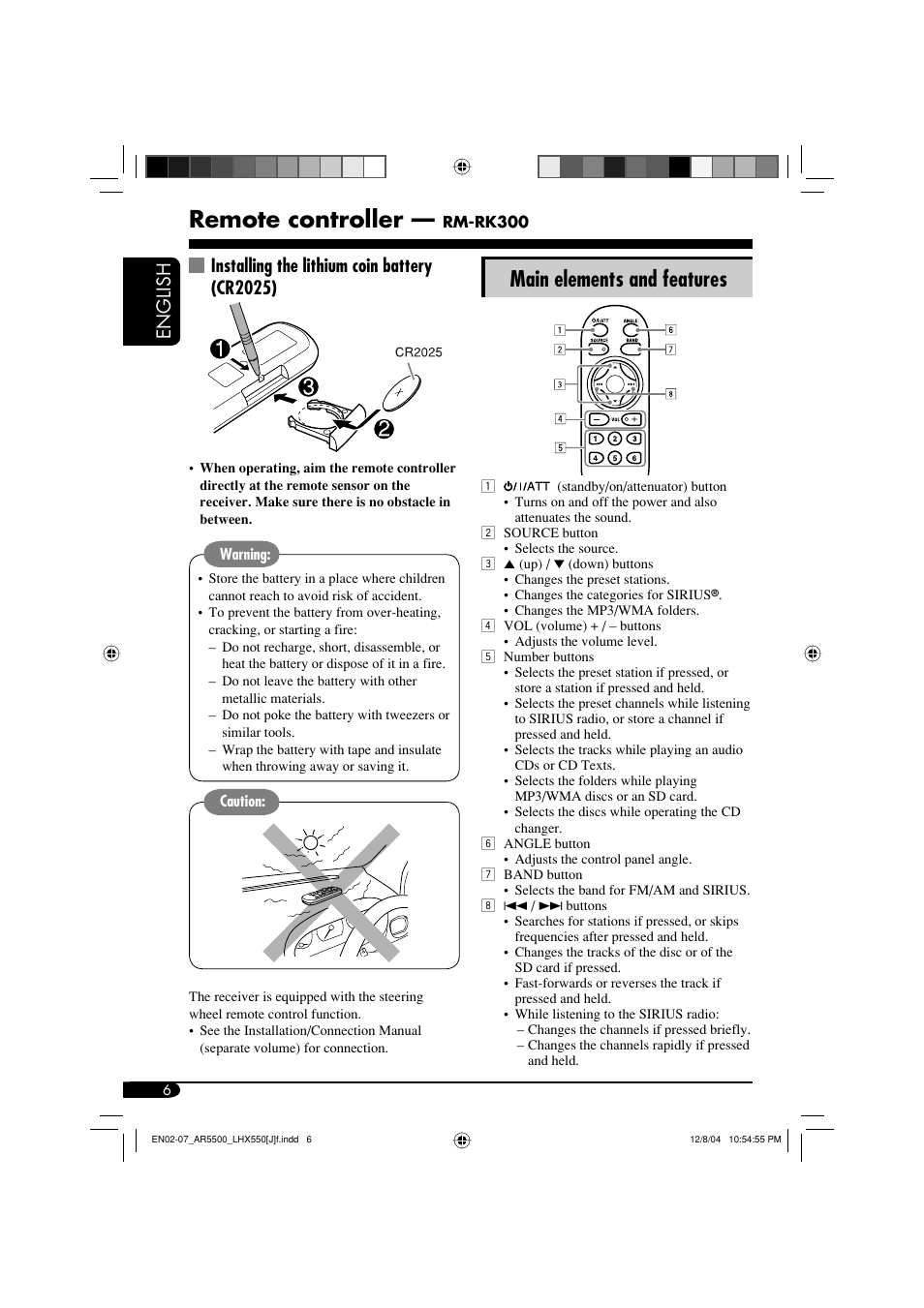 Remote controller, Main elements and features, English | Installing the lithium coin battery (cr2025) | JVC KD-AR5500  eu User Manual | Page 6 / 54