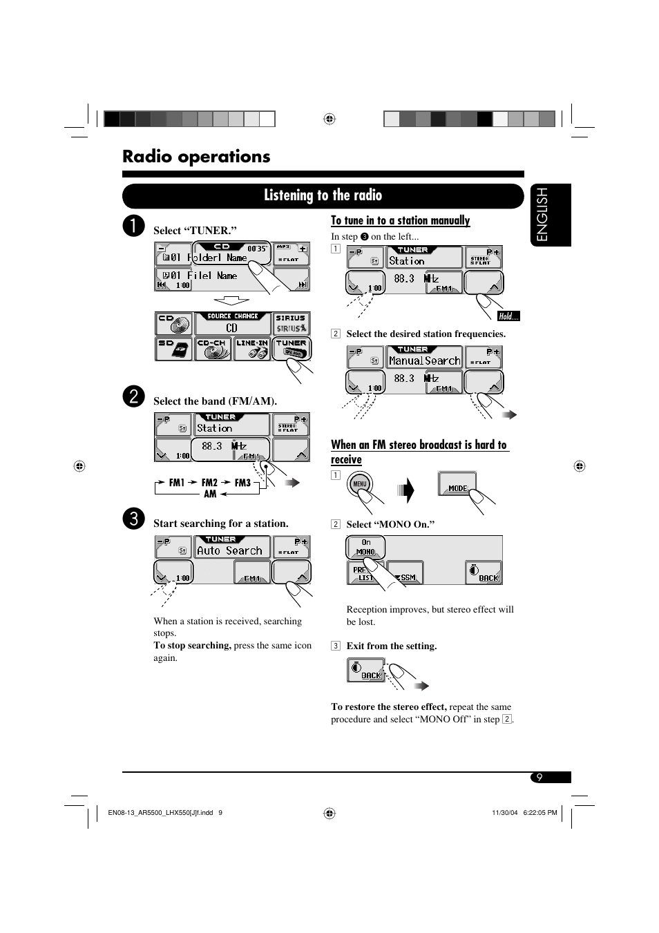 Radio operations, Listening to the radio | JVC KD-AR5500  eu User Manual | Page 9 / 54