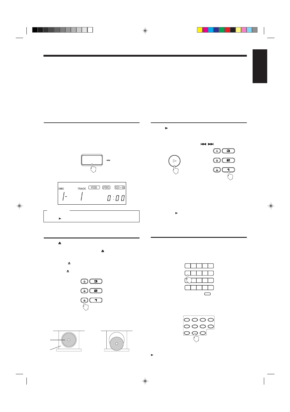 English basic operations preparation for playing, Inserting/removing the disc(s), Starting to play disc(s) | Using number keys, Page 7 | JVC LET0089-001A User Manual | Page 10 / 27