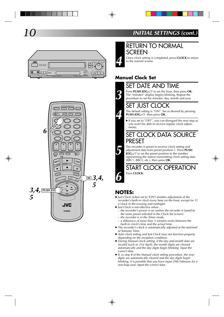 Return to normal screen, Set date and time, Set just clock | Set clock data source preset, Start clock operation, Initial settings (cont.) | JVC HR-J435EK User Manual | Page 10 / 48