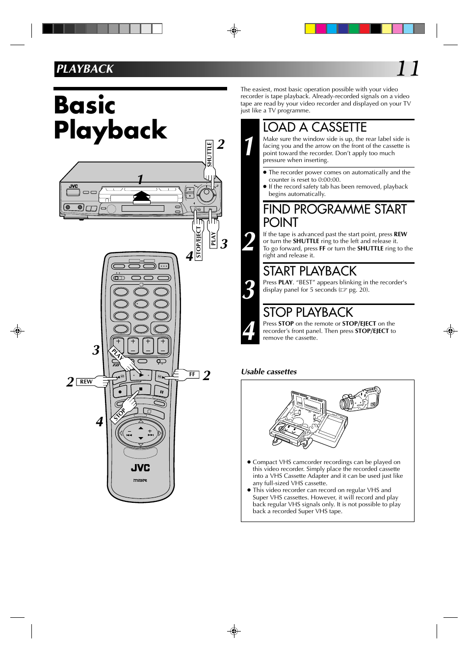 Basic playback, Load a cassette, Find programme start point | Start playback, Stop playback, Playback | JVC HR-J435EK User Manual | Page 11 / 48